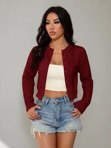 SHEIN PETITE 女款純色休閒百搭日常外出辦公開襟衫 酒紅色 秋季 - 紅色 - 查看 7