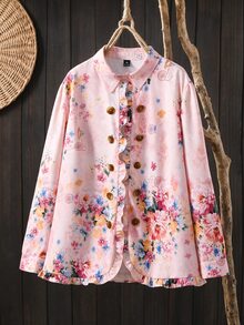 Rusticease Plus Size Vintage Floral Print Ruffle Collar Button Front Jacket Fall Winter 2026 - Multicolor - View 9