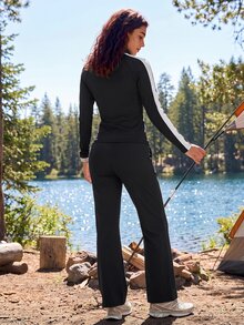 Exploreva Women's Colorblock Zipper Long Sleeve Top And Pants Casual Daily Sports Set - Black - View 2