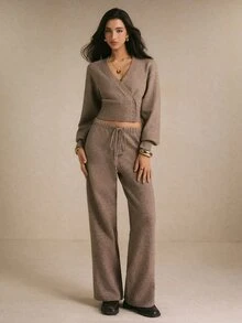 Poéselle Women's Solid Color Single-Breasted Dropped Shoulder Long Sleeve Knit Cardigan And Knit Pants Casual Set - Khaki - View 8