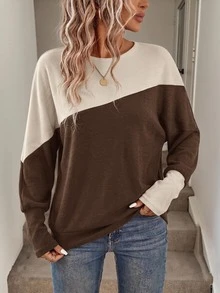 SHEIN LUNE Women's Colorblock Patchwork Batwing Sleeve Sweatshirt - Brown - View 7