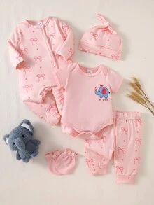SHEIN Pink Bow Love Print Cute Newborn Autumn 5-Piece Gift Set Including Jumpsuit, Hat, Gloves, Pants Long Sleeves Family Pastel Pink Light Pink - Pink - View 8