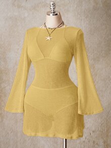 SHEIN ICON 女款大尺碼純色長袖時尚沙灘度假洋裝 - 淡黃色 - 查看 5