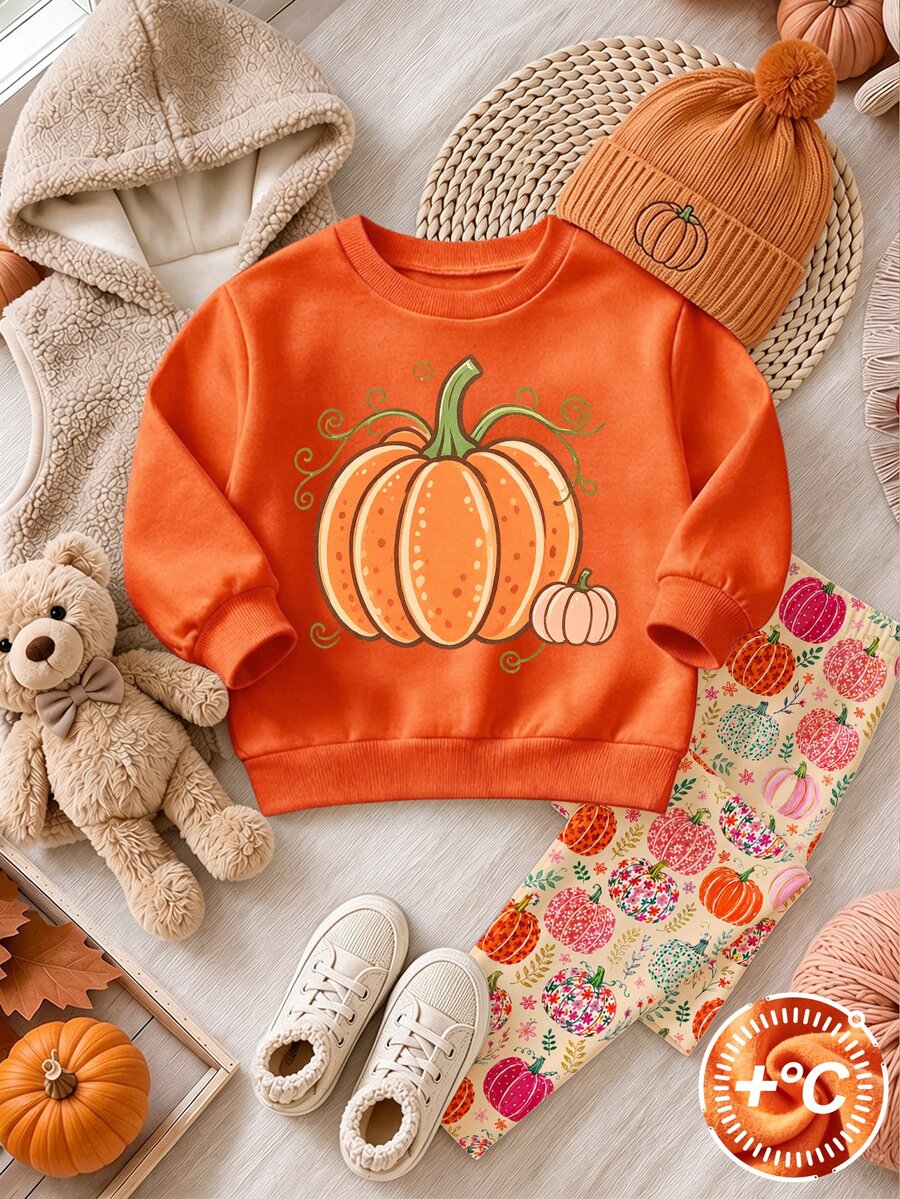 1 Set, Sweatshirt Fleece Lengan Panjang Leher Bulat Motif Oranye dengan Transfer Panas untuk Anak Perempuan + Celana Panjang Pas Badan Motif , Pakaian Kasual Dalam/Luar Ruangan Musim Gugur/Dingin untuk Halloween - MultiWarna - View 1