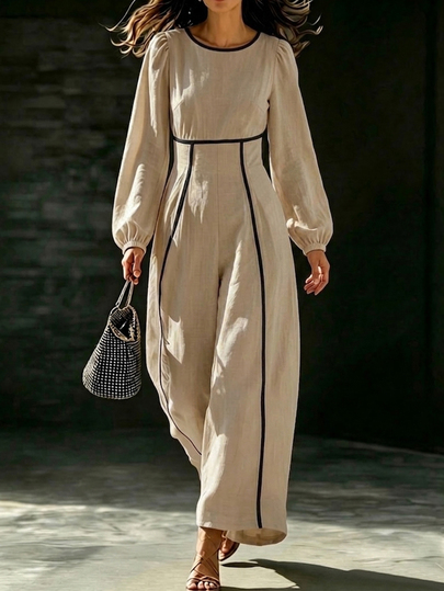 Balvessa Women's Colorblock Trim Round Neck Waist-Cinching Long Sleeve Straight Leg Linen Casual Jumpsuit