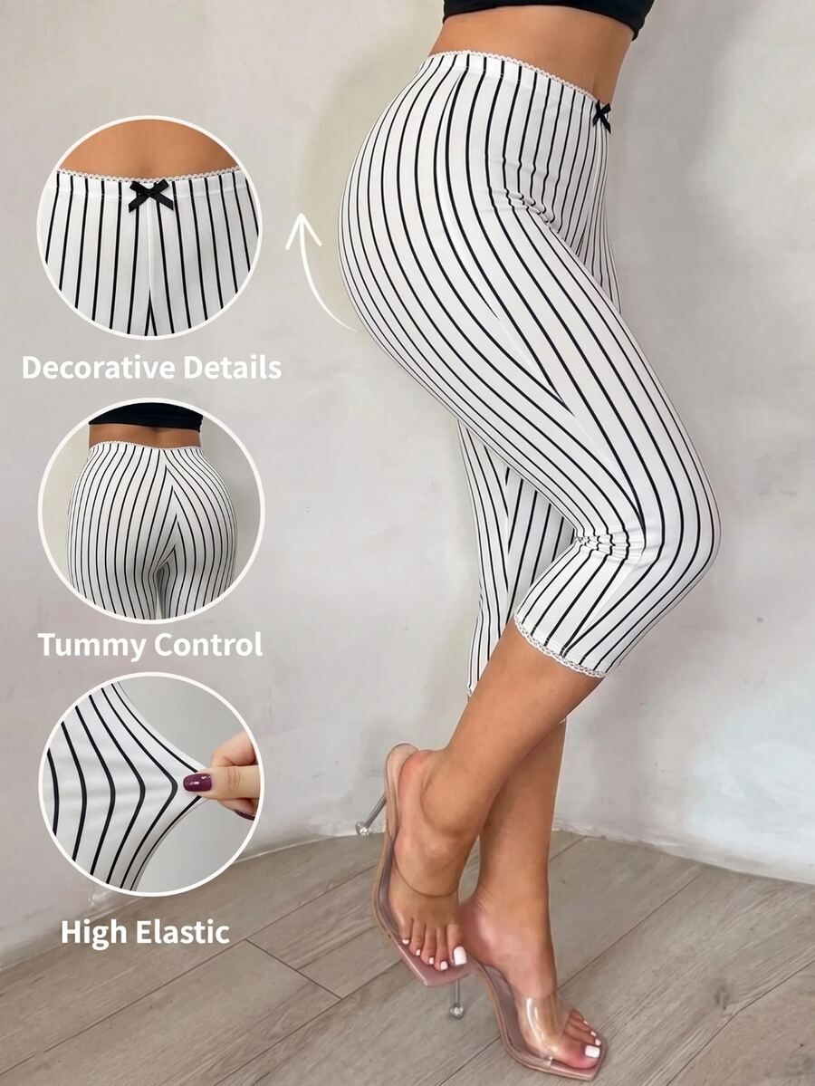 SHEIN SXY 大尺碼女款條紋休閒百搭日常旅行七分褲