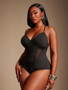 SHEIN SXY Plus Size Mesh Patchwork Spaghetti Strap Camisole - Black - View 3