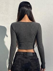 DAZY 女款休閒純色單排扣長袖短版上衣 Y2K 風格 - 灰色 - 查看 3