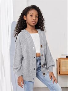 SHEIN 青少年女孩秋冬休閒純色連帽開襟羊毛衫 - 灰色 - 查看 4