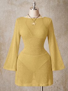 SHEIN ICON 女款大尺碼純色長袖時尚沙灘度假洋裝 - 淡黃色 - 查看 7