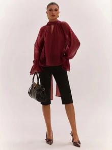 SHEIN BAE 女款優雅通勤純色蝴蝶結襯衫 - 酒紅色 - 查看 3