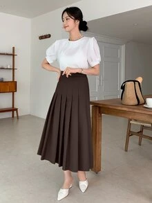 DAZY 女款休閒百搭純色百褶裙 - 棕色 - 查看 4