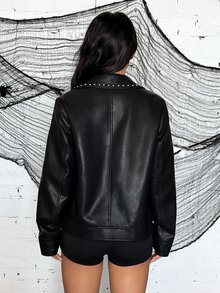 Jeanoix Women Studded Collar Faux Leather Moto Jacket - Black - View 2