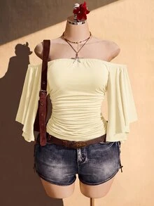 SHEIN ICON 女款大尺碼純色抓皺露肩上衣 - 淡黃色 - 查看 4