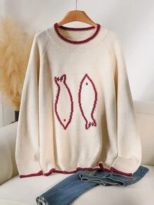 CosyJoli Plus Size Women's Fashion Small Fish Pattern Color Block Shoulder Raglan Sleeve Crew Neck Pullover Sweater, Simple Casual Autumn/Winter Top - Multicolor - View 2
