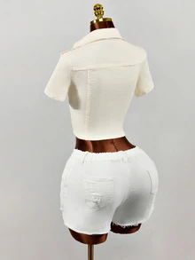 SHEIN Women's Solid Color Short Sleeve Single-Breasted Casual Denim Jacket - White - View 2