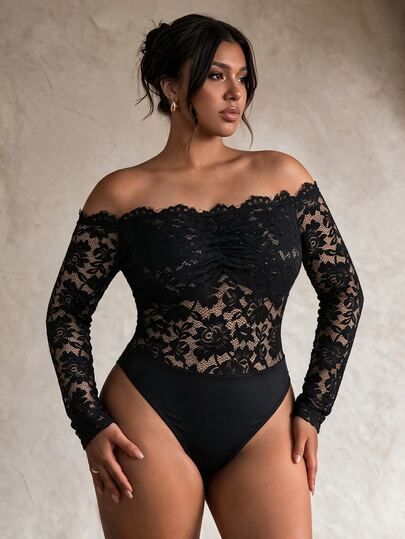 Firerie Plus Size Women's One Shoulder Long Sleeve Lace Sexy Ruched Bodysuit