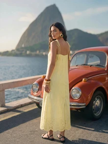 CAJUNI Women's Solid Color Casual Tropical Romantic Daily Vacation Brunch Summer Travel Spaghetti Strap Dress Yellow - Yellow - View 2