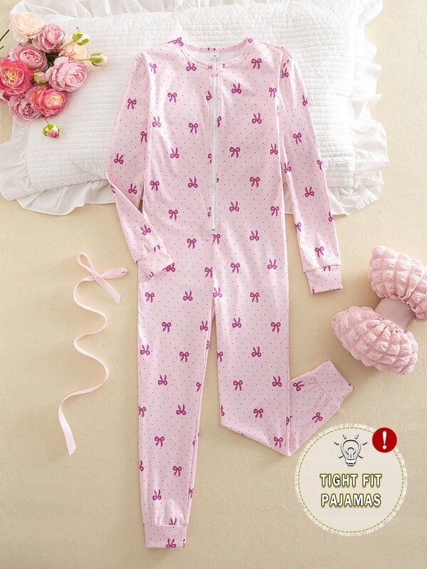 Girls' Fitted Long Sleeve Long Pants Jumpsuit With Bow Print And Zipper, Loungewear