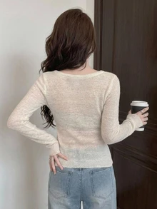 DAZY Atmospheric Bow Deep V-Neck Long Sleeve Knit Top, Sexy Style Soft Fluffy Top For Women Fall - Apricot - View 3