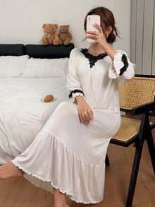 Napfluff Vintage Royal Lace Trim Collar Ruched Long Sleeve Lace Trim Maxi Nightgown - Apricot - View 1