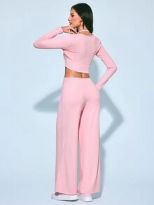 Sovereign Charm Sovereign Charm Women's 2 Pieces Long Sleeve Cropped T-Shirt And Pants Sports Set - Pink - View 2
