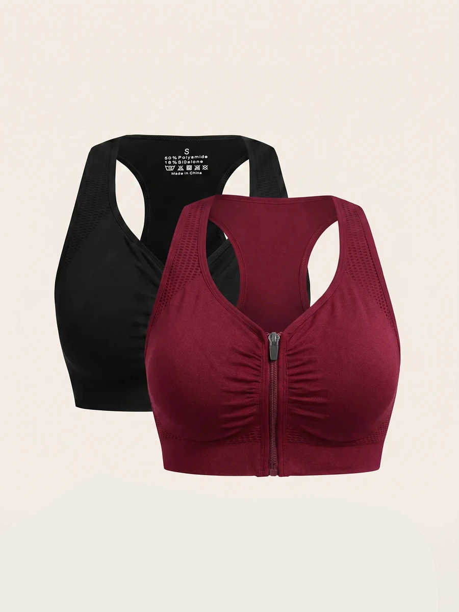 SHEIN Velisys 女款純色抓皺前拉鍊日常健身運動內衣 - 彩色 - 查看 1