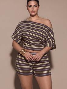 SHEIN BAE 大尺碼女款條紋不對稱領無袖上衣與迷你短褲兩件套 - 彩色 - 查看 9