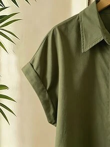 Franclia Plus Size Contrast Color Vertical Striped Turn-Down Collar Rolled Hem Short Sleeve Shirt - Army Green - View 5