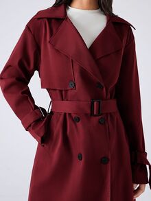 SHEIN EZwear 女款休閒雙排扣風衣外套，秋季 - 酒紅色 - 查看 4