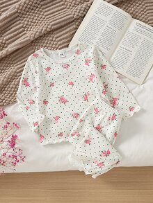女嬰碎花長袖上衣與長褲套裝居家服 - 白色 - 查看 3