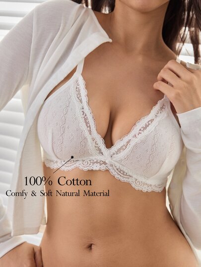 Ocili Bra Tanpa Kawat Minimalis Halus Nyaman Rajutan Jacquard Katun Murni 100% dengan Hiasan Renda untuk Wanita