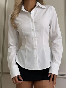 SHEIN EZwear 女款素色休閒百搭日常穿著襯衫 - 白色 - 查看 7