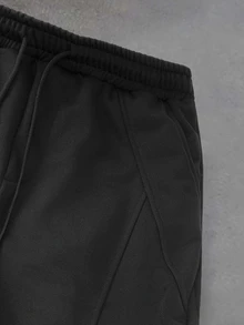 Manfinity Homme 男士黑色設計不對稱開衩彈性抽繩腰寬鬆運動休閒基本款運動長褲 大尺碼 健身慢跑 夏季 老錢風 聖誕 - 黑色 - 查看 4