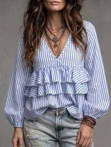 Omancia Women's V-Neck Striped Casual Versatile Everyday Outing Shirt - Blue - View 3