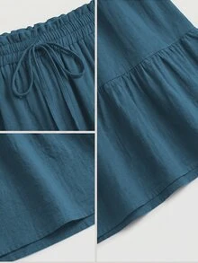 Lacomfia 春夏優雅休閒繫腰抽褶垂墜波西米亞高腰A字大尺碼層次黑色蛋糕裙 - 霧霾藍 - 查看 4