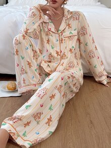 Napfluff Cute Gingerbread Man & Little Cabin Print Lapel Pajama Set, Long Sleeve Long Pants Casual Comfortable Loungewear - Yellow - View 3
