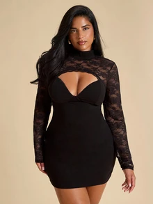SHEIN BAE CURVE Plus Size Women's Black Lace Patchwork Short Dress,Halloween Elegant Black Lace Long Sleeve Backless Dress, Autumn Lace Black Dress, Sexy Black Dress - Black - View 7