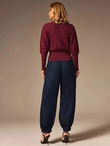 COSMINA Women's Elegant Ribbed Texture Blue Knit Sweater - Burgundy - View 2