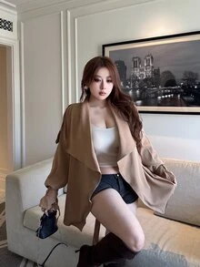 Vibekara Plus Size Asymmetrical Vintage Lapel Collar Short Trench Coat Jacket Fall - Brown - View 6