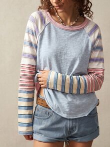 Bohemela Plus Size Striped Colorblock Fashion Long Sleeve T-Shirt For Daily Wear - Multicolor - View 7