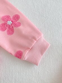 SHEIN Playful Pals 女嬰長袖圓領簡約休閒花卉印花夾克與時尚休閒百搭印花長褲套裝，舒適秋季休閒外出、玩耍與拍照穿搭 - 粉色 - 查看 3