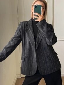 Livesso Jaket Blazer Wanita Lengan Panjang Bergaris dengan Kancing untuk Kantor di Musim Gugur - Hitam - View 3