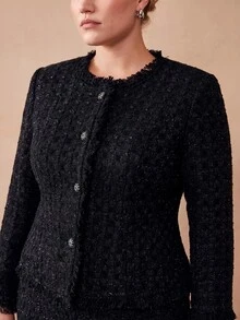 MOTF PREMIUM WOMEN'S PLUS SIZE ELEGANT FRAYED EDGE SINGLE-BREASTED WAIST-CINCHING JACKET FALL - Black - View 2