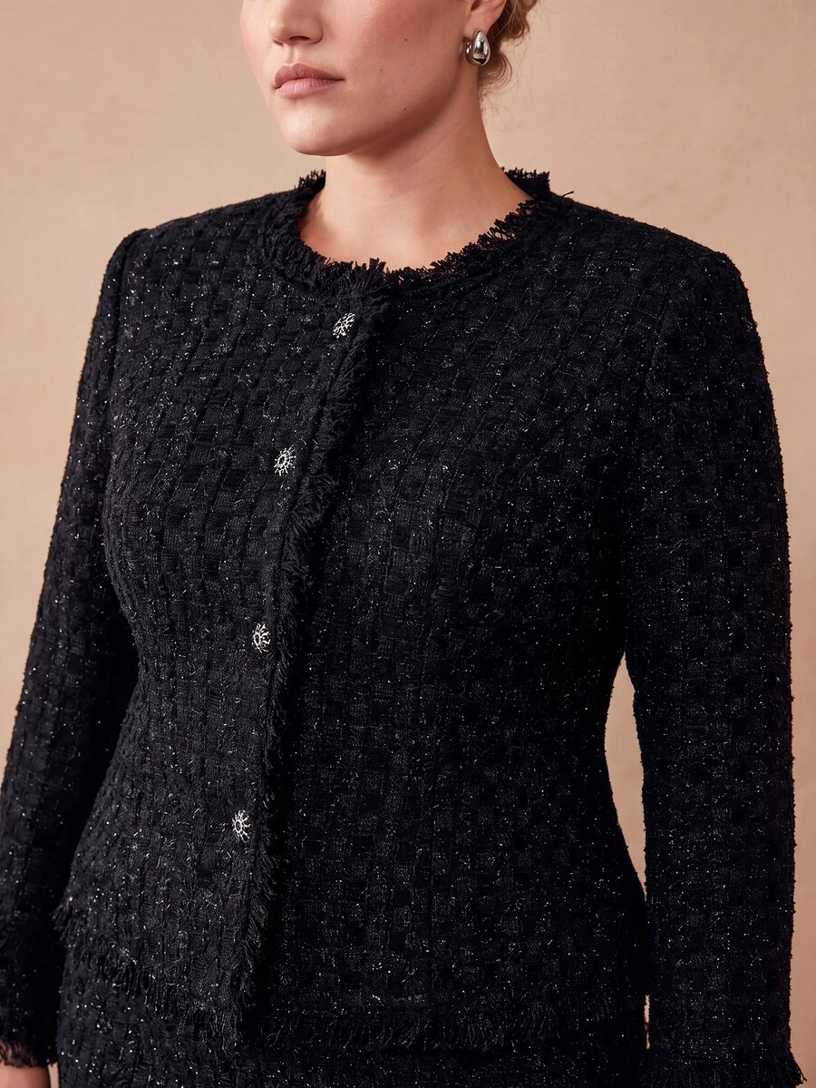 MOTF PREMIUM WOMEN'S PLUS SIZE ELEGANT FRAYED EDGE SINGLE-BREASTED WAIST-CINCHING JACKET FALL - Black - View 2