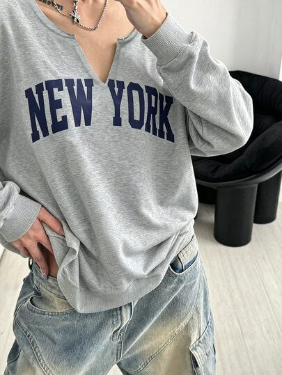 StreetHx Women's Casual Solid Color V-Neck Cutout Long Sleeve Loose Pullover Sweatshirt, Autumn/Winter, Heather Gray