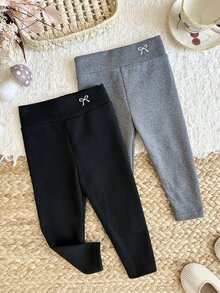 LMoss Kids Baby Girl Knit Solid Color Embroidered Bow Pattern 2pcs Bottoms Set - Multicolor - View 3