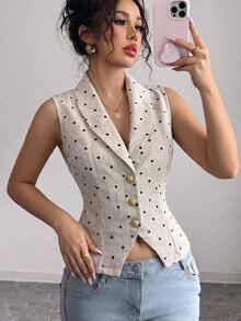 Omancia Women's Polka Dot Single-Breasted Shawl Collar Casual Vest Jacket - Multicolor - View 6