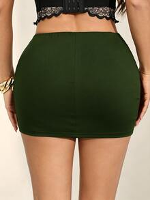 SHEIN PETITE Women's Black Sexy Casual Mini Bodycon Skirt With Built-In Leggings - Army Green - View 3