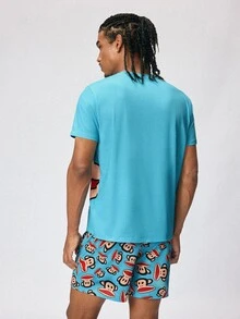 Paul Frank X SHEIN Men's Crew Neck Short Sleeve Top And Shorts Loungewear Set - Blue - View 2